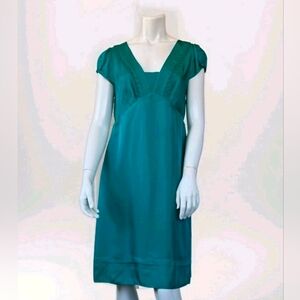 Vintage Y2K Teal Peasant Silk Dress Banana Republic Puff Sleeve Size Small